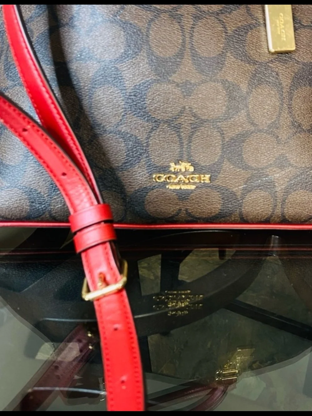 Coach Brown Signature Dome Satchel with Red Trim